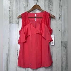NY Collection New Women's Petal Lace Ruffle Sleeveless Top Coral Pink Size Small